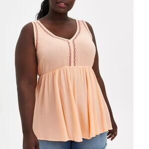Torrid NEW Babydoll Embroidered Tank Womens Sz 2X Peach Gauze Boho Top NWT